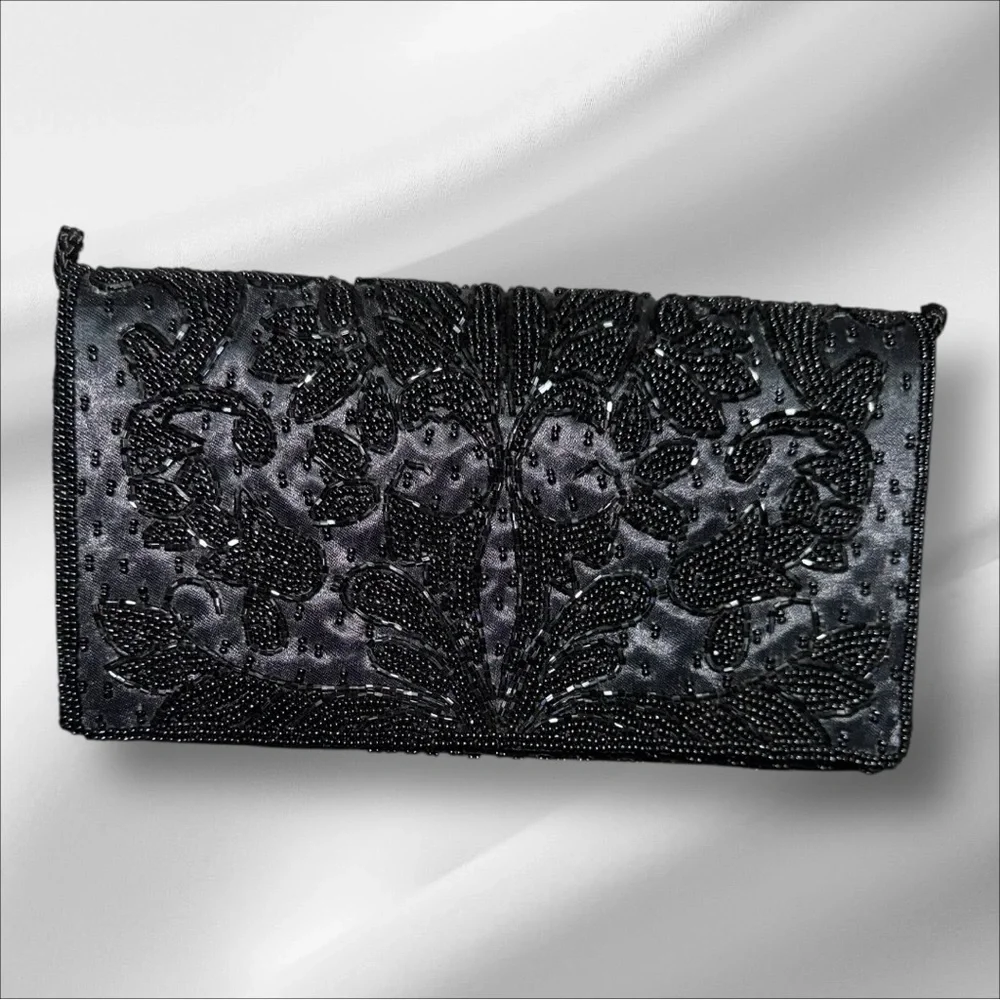 Vintage Valerie Stevens EUC Black Bead Satin Evening Bag Clutch - Picture 5 of 7